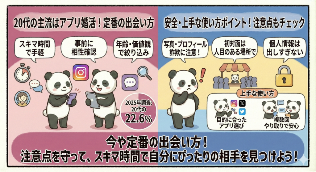 今や定番の出会い方!
注意点を守って、すきま時間で自分にぴったちの相手を見つけよう!