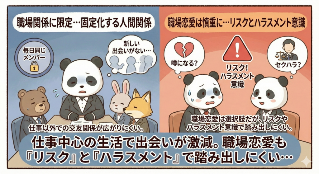 仕事中心の生活で出会いが激減。
職場恋愛も「リスク」と「ハラスメント」で踏み出しにくい。