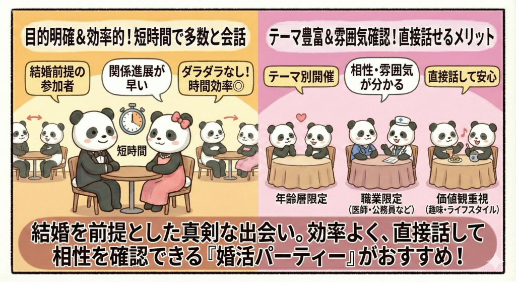 結婚を前提とした真剣な出会い。子効率よく、直接話して、相性を確認できる「婚活パーティ」がおススメ