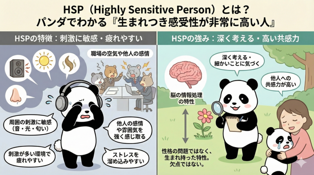 HSP(Highly Sensitive Person)とは？
パンダでわかる「生まれつき感受性が非常に高い人」
