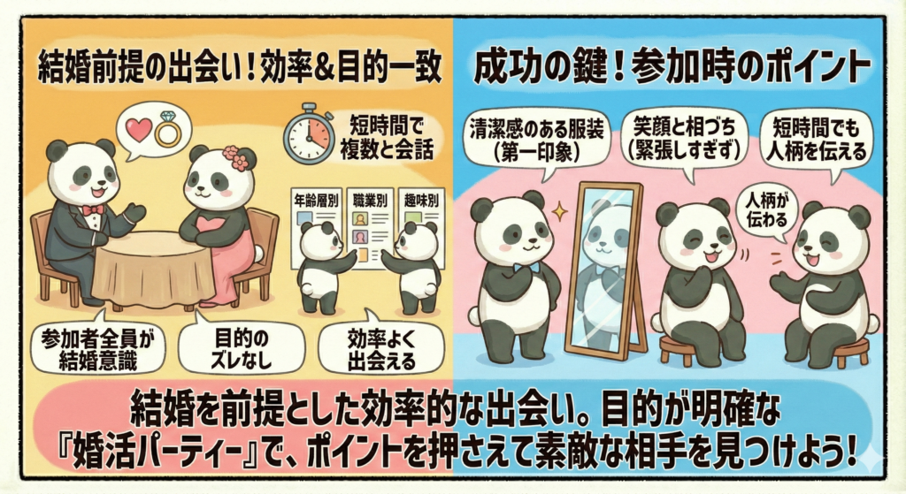 結婚を前提とした効率的な出会い
目的が明確な「婚活パーティ」で
ポイントを押さえて素敵な相手を見つけよう!