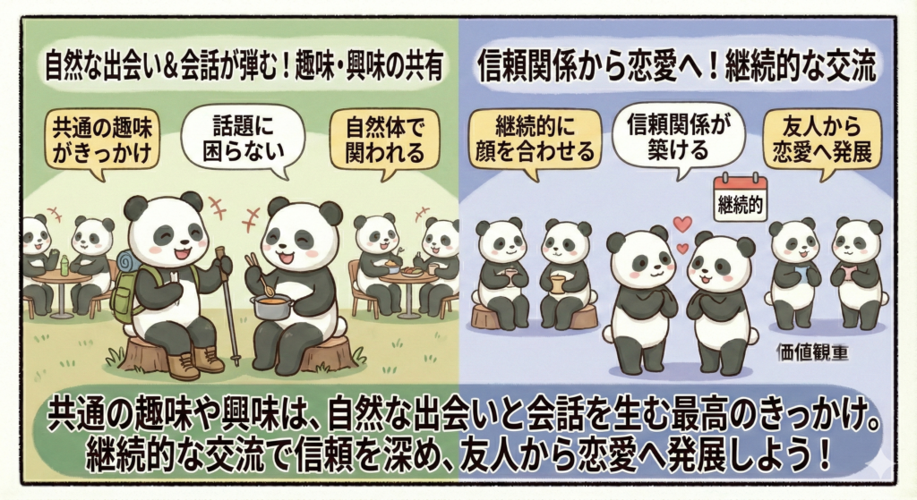 共通の趣味や興味は、自然な出会いと会話を生む最高のきっかけ。
継続的な交流で信頼を深め、友人から恋愛へ発展しよう!