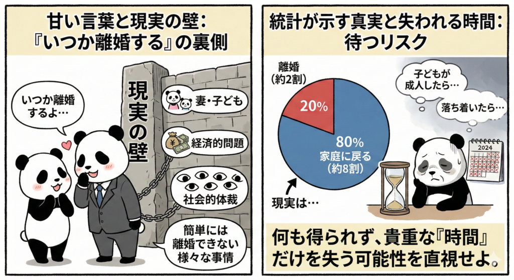 甘い言葉と現実の壁:
「いつか離婚する」の裏側