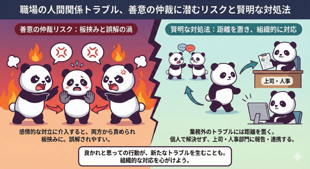 職場の人間関係トラブル、善意の仲裁に潜むリスクと賢明な対象法