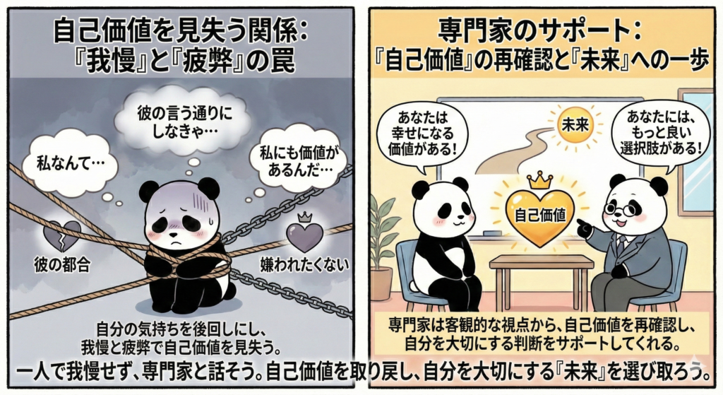 自分の気持ちを後回しにし、
我慢と疲弊で自己評価を見失う
一人で我慢せず、」専門家と話そう